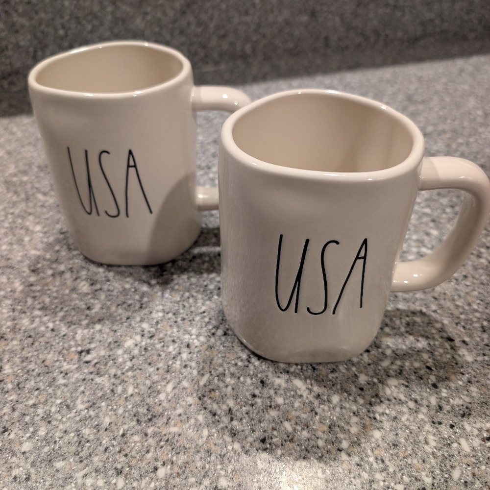 Two Rae Dunn USA Mugs, Set of Two USA Mugs Cream with Black writing